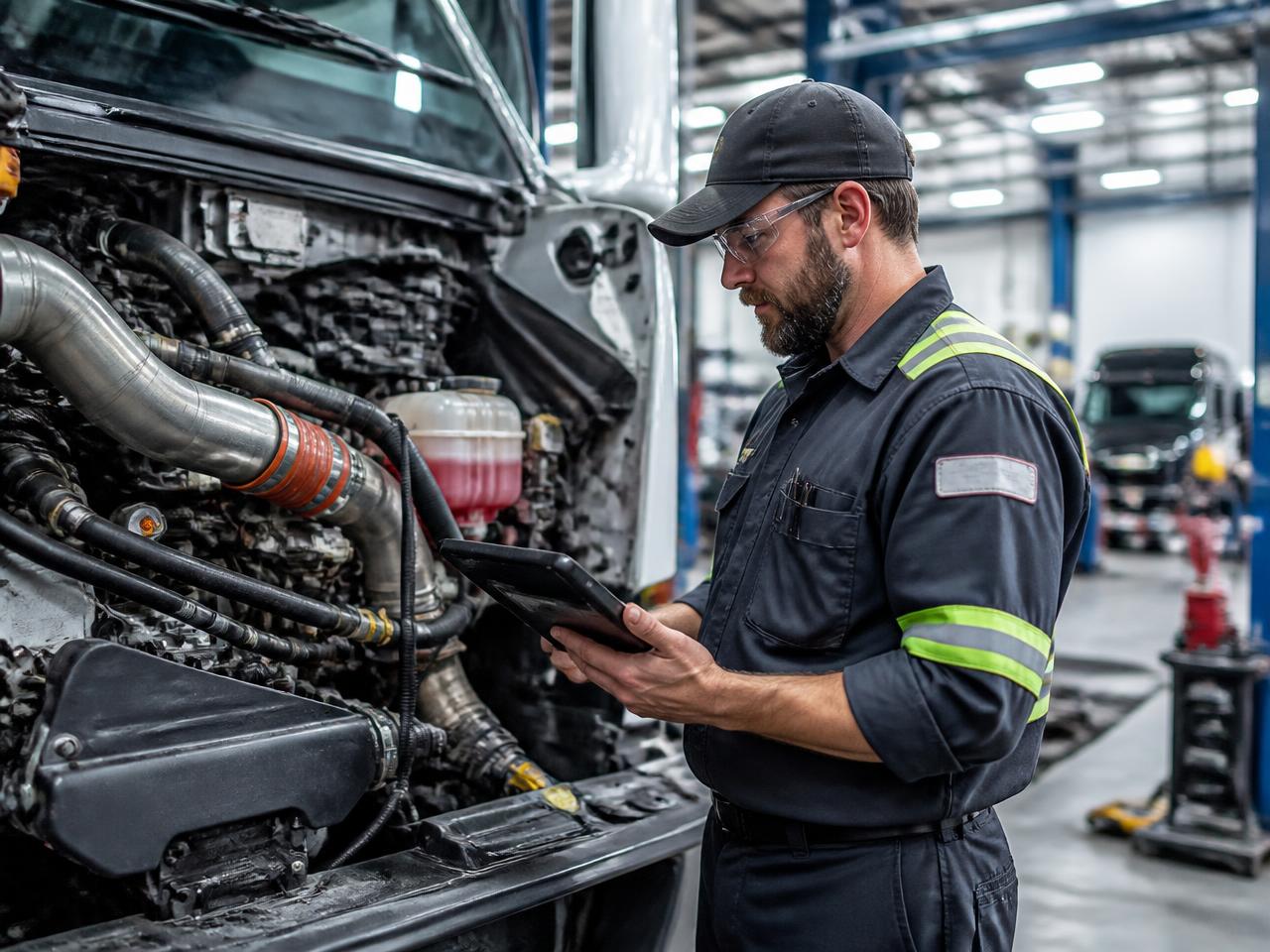 Mecânico realizando diagnóstico em motor de caminhão